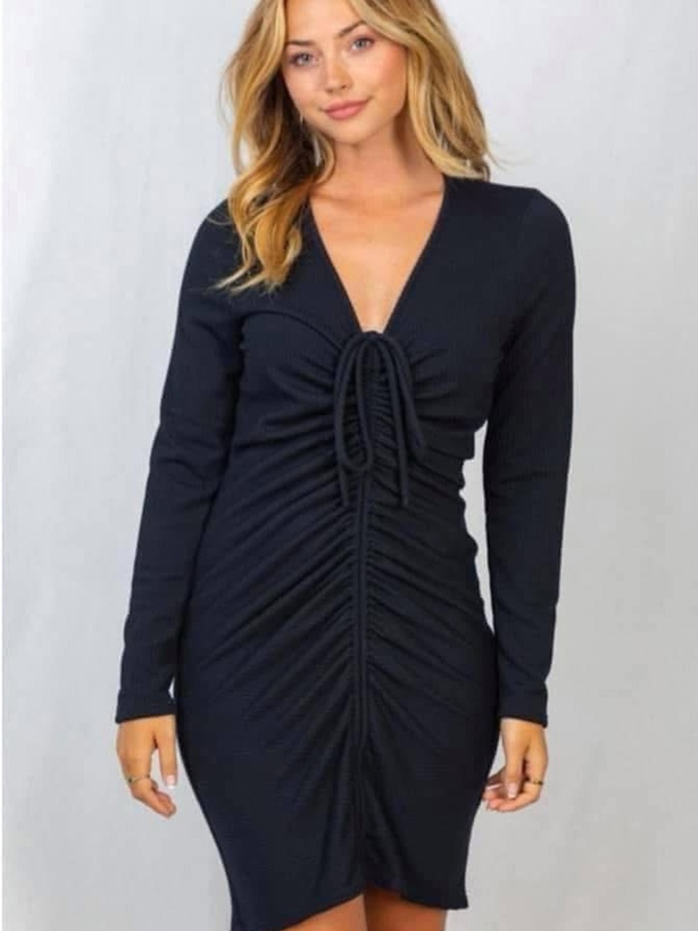 white birch Black Long-Sleeve Ruched Tie-Front Dress